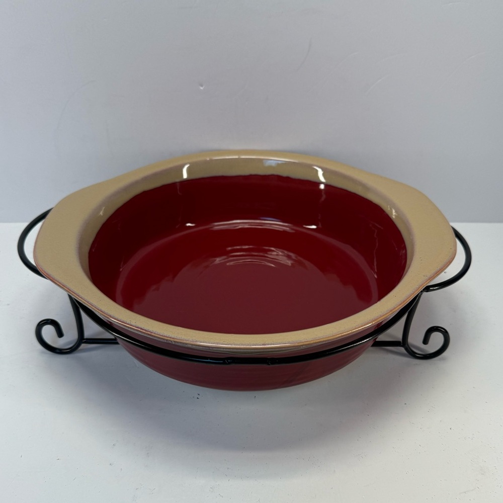Tumbleweed pottery Red drip glaze Ceramic Serving Bowl with Beige Rim and Stand